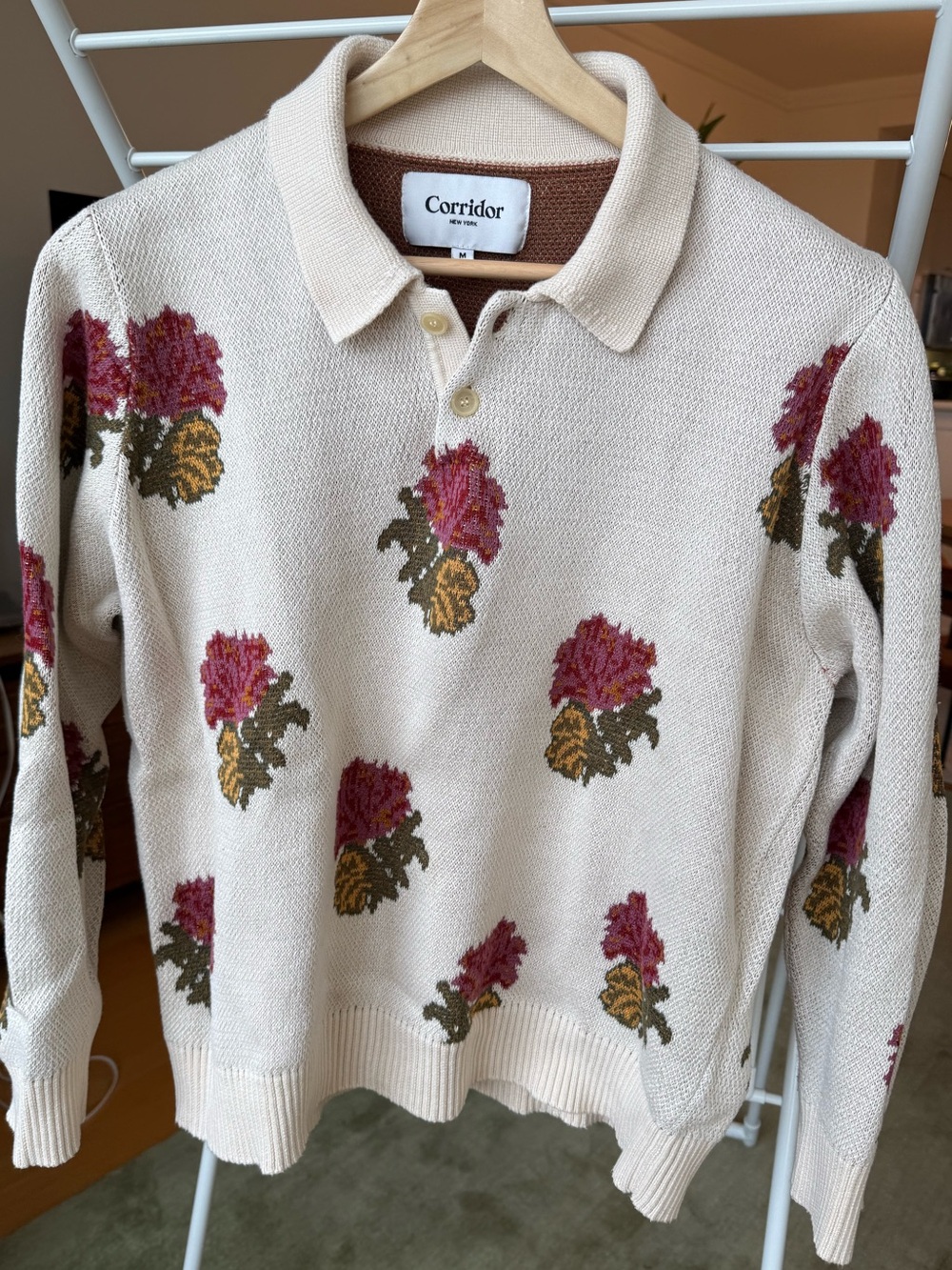 Corridor Floral Polo Sweater in Cream and Burgundy
